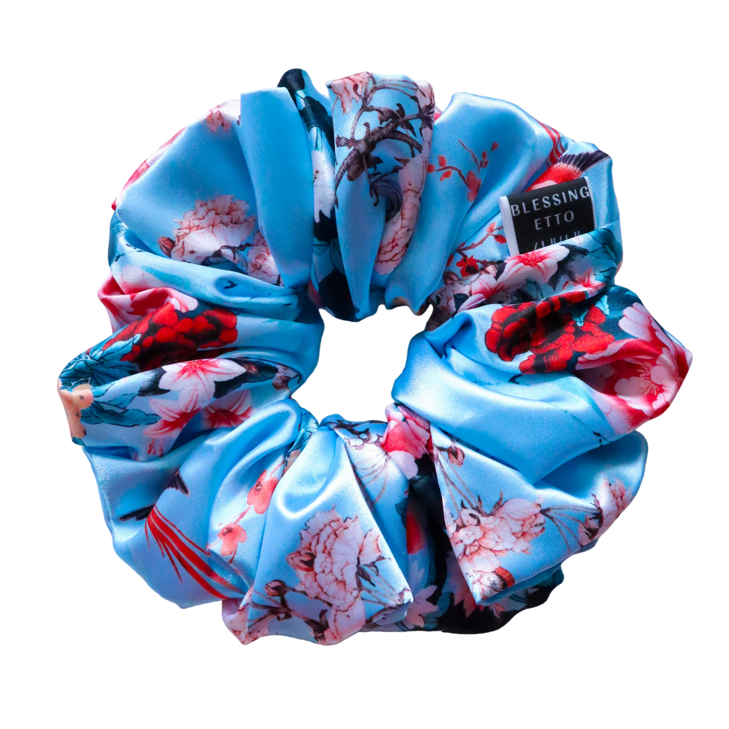 Blossom Floral Hair Scrunchie Front, Blue Colour